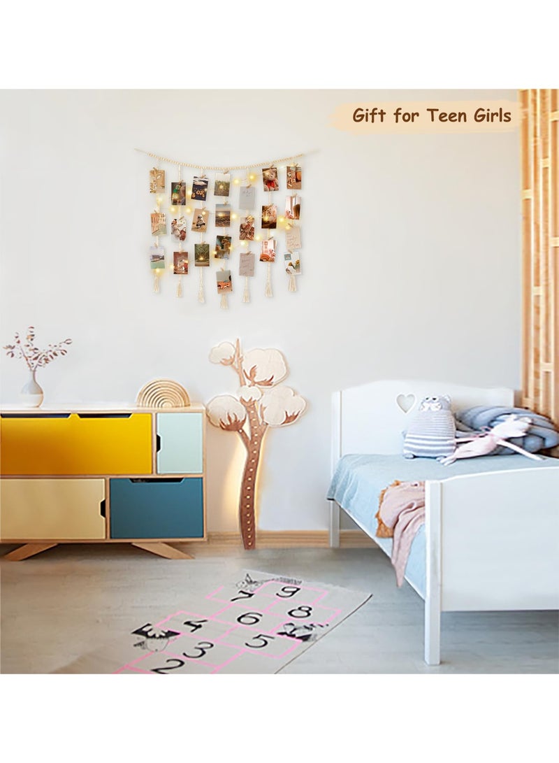 YelaJoy Hanging Photo Display Wall Decor with String Lights, Boho Wooden Beads Garland Collage Picture Card Frame Holder with 45 Clips for Bedroom Living Room Dorm, Teen Girls Gifts - Image 3